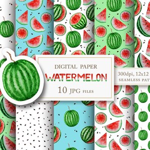 Watercolor Watermelon Digital Paper Pack, Summer Tropical Fruit seamless pattern Scrapbook pages clipart, fabric design INSTANT Download