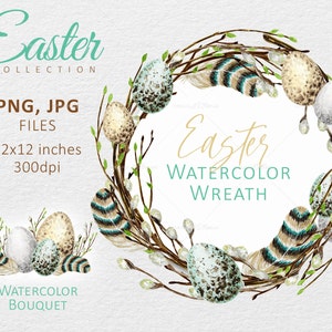 Frühling Osterkranz PNG Clipart, Aquarell Ostern Urlaub Blumenstrauß mit Weidenzweigen, Feder, Ei Digital Karte Instant Download