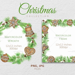 Guirlanda de Natal em aquarela PNG - Clip Art de moldura de inverno, Biscoitos de gengibre de Natal, Borda de vegetação de inverno de Natal Download digital instantâneo