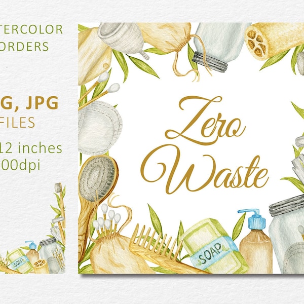 Sustainable living watercolor frame, Eco Friendly Lifestyle Bath organic Accessories, Zero Waste border clipart PNG files Instant Download