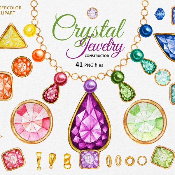 Crystal Diamonds Jewelry constructor Watercolor Gems colorful crystal Clipart for gemstone shop logo design, digital png INSTANT DOWNLOAD