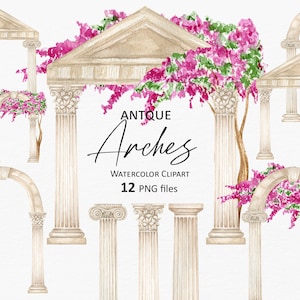Antieke boog aquarel clipart oude Griekse kolom, Rome Griekenland antieke architectuur, bruiloft bogen frames PNG digitale Instant Download