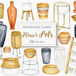 Peut inclure: Clipart aquarelle de 23 pots de fleurs dans différents styles et couleurs. Les pots sont faits de différents matériaux, dont le rotin, la céramique et le métal. Certains pots sont décorés de motifs géométriques, tandis que d'autres sont unis. Le clipart est parfait pour ajouter une touche de nature à vos designs.