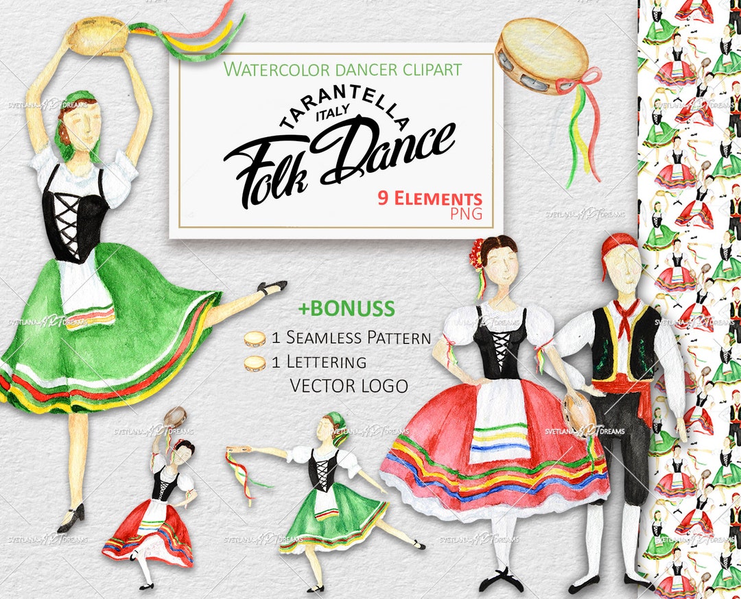 Tarantella Italy Folk Dancers Costume Watercolor Clipart. Folklore Fashion  Logotype. Seamless Pattern Digital Paper Design INSTANT Download 