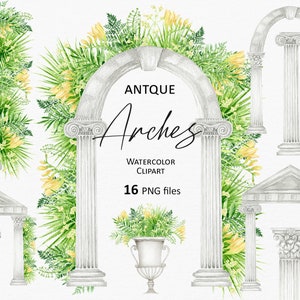 Clipart aquarelle antique Arch Colonne grecque antique, Rome Grèce Architecture antique, mariage Arches cadres PNG numérique Téléchargement instantané