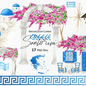 Santorini Griechenland Aquarell Clipart, Oia Santorini Kirche, Mühle, Bougainvilliea Blumen, griechische Flaggen, Karte, PNG digitaler sofortiger Download 104