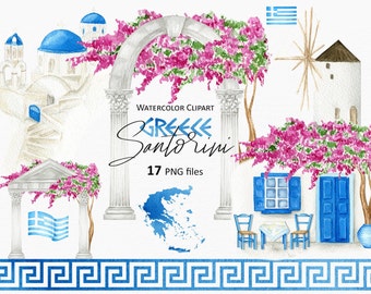 Santorini Greece Watercolor Clipart, Oia Santorini Church, Mill, Bougainvilliea flowers, Greek flags, map, PNG digital instant Download 104