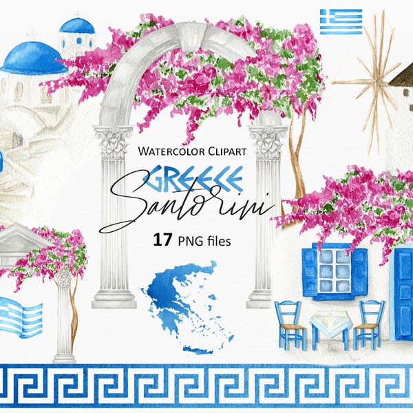 Santorini Greece Watercolor Clipart, Oia Santorini Church, Mill, Bougainvilliea flowers, Greek flags, map, PNG digital instant Download 104