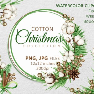 Guirlanda de Natal com folhagens em aquarela PNG Clipart, Moldura de buquê de flores de algodão, Borda de inverno para sublimação, Download instantâneo digital