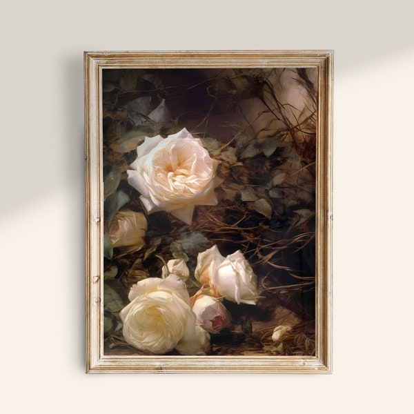 Moody Flower Vintage Painting, Printable Antique Wall Art, Dark Academia Prints, Dark Botanical Decor, Farmhouse Wall Decor, White Roses art