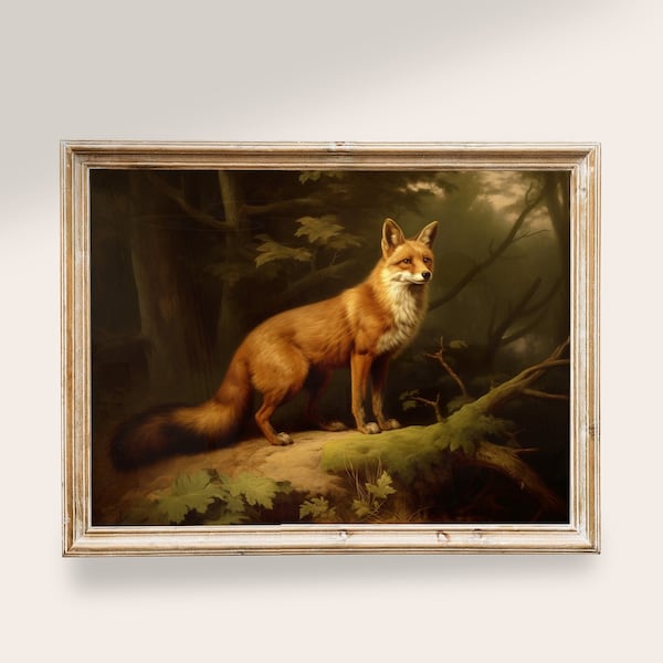 Fox Painting Vintage Art, PRINTABLE Art, Vintage Animal Art, Moody Dark Academia Decor, Rustic Wall Art