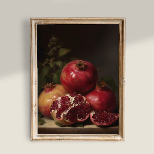 Vintage Kitchen Still Life Painting, Pomegranate Art, Moody Farmhouse Decor, Printable Wall Art