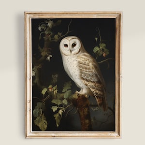 Vintage White Owl Painting, Dark and Moody Wall Art, Dark Academia Decor, PRINTABLE art, Nature Animal painting, Snowy Owl Bird Prints