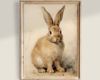 Vintage Bunny Prints, Antique Animal Decor, Farmhouse Printable Art, Rabbit Painting, Nursery Vintage Art