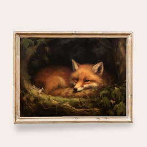 Fox Painting Vintage Art, PRINTABLE Art, Vintage Animal Art, Dark Forest Sleeping Red Fox, Rustic Wall Art