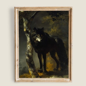 Black Wolf Painting Vintage Art, PRINTABLE Art, Vintage Animal Art, Moody Dark Academia Decor, Dark Forest Wall Art, Wolves Print