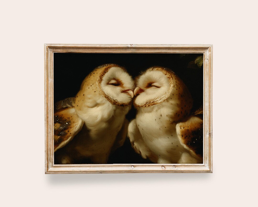 Owl Couple Wall Art - Romantic Barn Owls, Vintage Woodland Painting ...