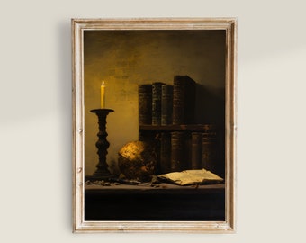 Victorian Books Art, Dark Academia Decor, Moody wall art PRINTABLE, Victorian Paintings, Candle Light Vintage art, Still Life Painting