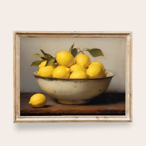 Citrons jaunes Nature morte, Art IMPRIMABLE de ferme, Décor de cuisine vintage, Peintures antiques de fruits, Impressions Cottagecore, Peinture à l’huile de citron