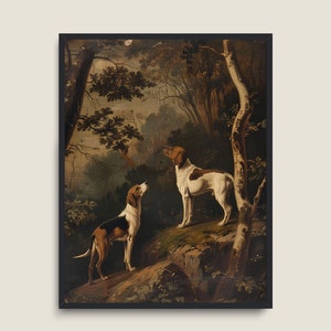 May include: A painting depicting two hunting dogs in a woodland scene. The dogs, both white with brown markings, are standing on a rocky path. The background features a verdant forest with trees and foliage.