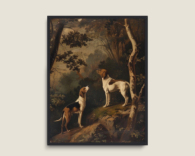 May include: A painting depicting two hunting dogs in a woodland scene. The dogs, both white with brown markings, are standing on a rocky path. The background features a verdant forest with trees and foliage.