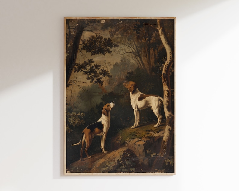 May include: A vintage oil painting depicting two hunting dogs in a woodland setting. The dogs are brown and white with black markings. The painting is framed in a simple wooden frame.