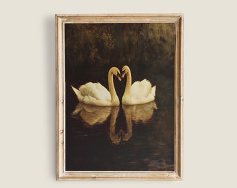 Vintage Swan Print, Swam in a Lake, Vintage PRINTABLE, Moody Landscape Painting, Dark Cottagecore, Victorian Goth Print