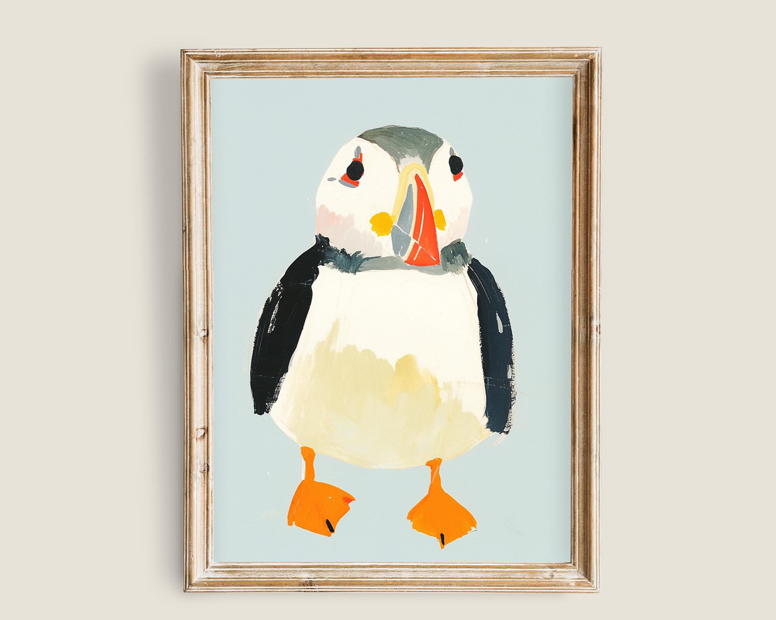 パフィンの保育園の壁アート、手描きのパフィン鳥のイラスト、遊び心の