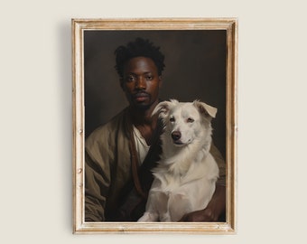 Black People Wall Art, Printable Vintage Art, Dark Academia Prints, Male portrait Decor, Victorian Wall Decor, Man and Dog Portrait Print