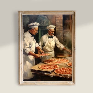 Puede incluir: Dos chefs con gorros de cocinero blancos y delantales están preparando pizzas en una cocina. Las pizzas están cubiertas con salsa de tomate y queso. La escena está representada en una pintura de estilo vintage.