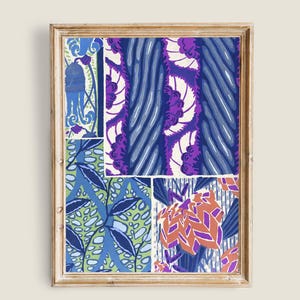 Puede incluir: Una impresión artística enmarcada con un collage de patrones botánicos en tonos azules, morados, naranjas y verdes. La obra de arte incluye diseños estilizados de hojas y flores, con un marco dorado.