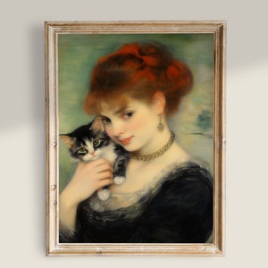 Woman With Cat Painting, Light Academia Decor, Antique Print, Black Cat Wall Art, PRINTABLE Wall Art, Vintage Woman Portrait