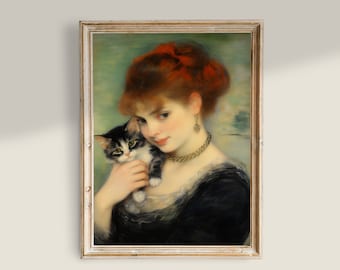 Woman With Cat Painting, Light Academia Decor, Antique Print, Black Cat Wall Art, PRINTABLE Wall Art, Vintage Woman Portrait