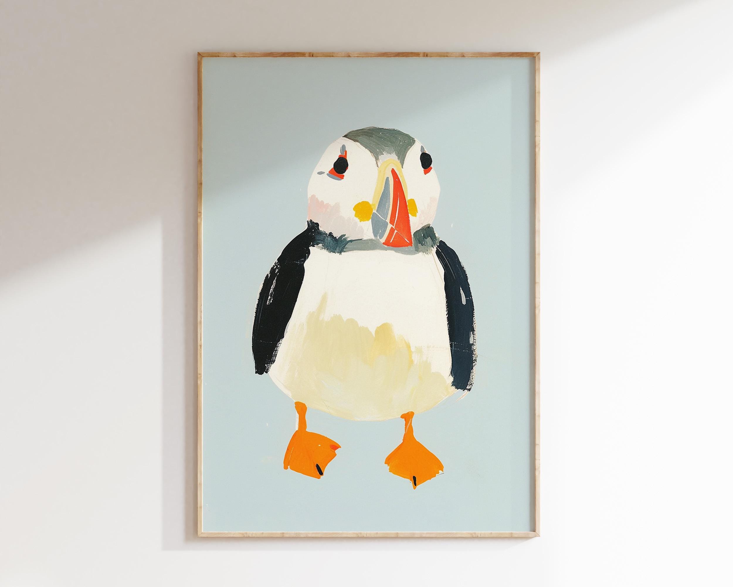 パフィンの保育園の壁アート、手描きのパフィン鳥のイラスト、遊び心の