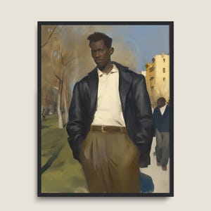 May include: A painting of a man wearing a black jacket and brown trousers standing in front of a building. The man is looking at the viewer. The background is a blurred image of trees and a building.