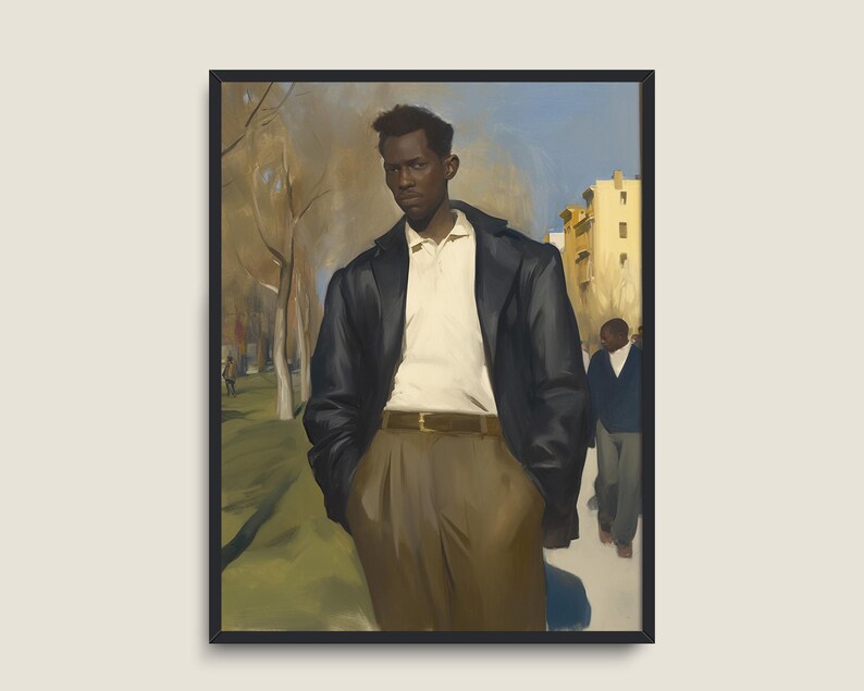 May include: A painting of a man wearing a black jacket and brown trousers standing in front of a building. The man is looking at the viewer. The background is a blurred image of trees and a building.