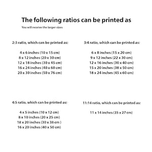 May include: A chart showing different aspect ratios and their corresponding printable sizes in inches and centimetres. The ratios listed are 2:3, 3:4, 4:5, and 11:14.