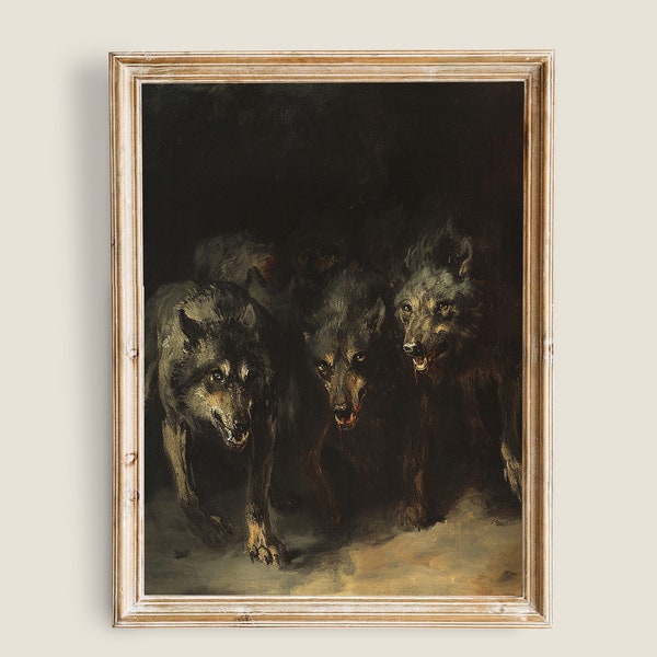 Wolf Painting Vintage Art, PRINTABLE Art, Vintage Animal Art, Moody Dark Academia Decor, Dark Forest Wall Art, Wolves Print