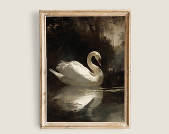 Vintage Swan Print, Swan Romantic, Vintage PRINTABLE, Moody Landscape Painting, Dark Cottagecore, Victorian Goth Print