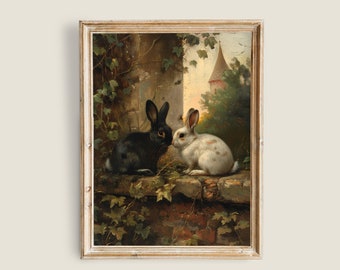 Vintage Bunny Prints, Antique Animal Decor, Farmhouse Printable Art, Bunnies Painting, Nursery Vintage Art