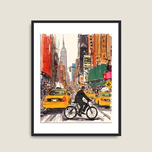 以下が含まれることがあります： ニューヨーク市の街並みを手描きしたイラスト。イラストには、黄色いタクシー、自転車に乗った人、そして背後にそびえ立つ高い建物が描かれている。