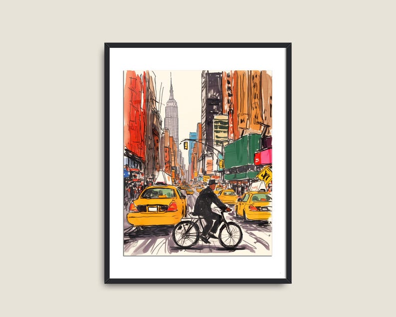 以下が含まれることがあります： ニューヨーク市の街並みを手描きしたイラスト。イラストには、黄色いタクシー、自転車に乗った人、そして背後にそびえ立つ高い建物が描かれている。