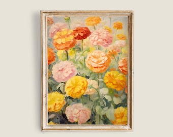 Peinture florale de souci, art botanique vintage, décor Dark Academia, estampes de fleurs sauvages, antiquité de ferme, art mural imprimable