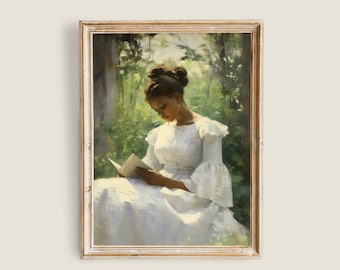 May include: A painting of a woman in a white dress sitting in a forest clearing, reading a book. The woman has dark skin and is wearing a white dress with a ruffled collar. The background is a lush green forest.