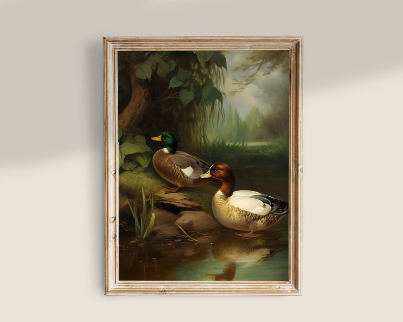 Antique Duck Painting, Moody Wall Art, Dark Academia PRINTABLE art, Vintage Animal Decor, Bird prints image 1