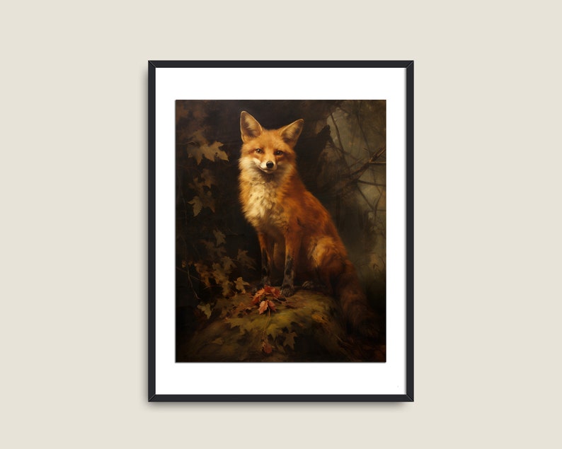 Fox Painting Vintage Art, PRINTABLE Art, Vintage Animal Art, Moody Dark Academia Decor, Dark Forest Wall Art, Red Fox Print image 3