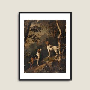 May include: A painting depicting two dogs in a woodland scene. Both dogs are pointing their noses upwards, as if they are scenting something. The dog on the left is brown and white, while the dog on the right is white with brown markings. The woodland is painted in shades of green and brown.