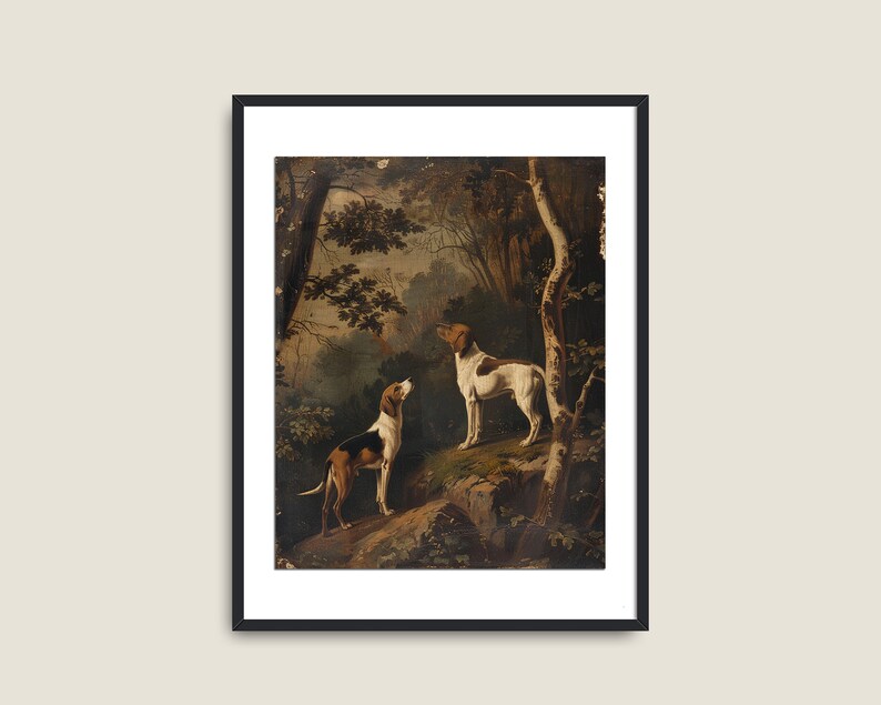 May include: A painting depicting two dogs in a woodland scene. Both dogs are pointing their noses upwards, as if they are scenting something. The dog on the left is brown and white, while the dog on the right is white with brown markings. The woodland is painted in shades of green and brown.