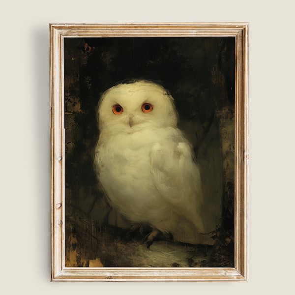 Vintage White Owl Painting, Dark and Moody Wall Art, Dark Academia Decor, PRINTABLE art, Nature Animal painting, Cute Owl Bird Prints