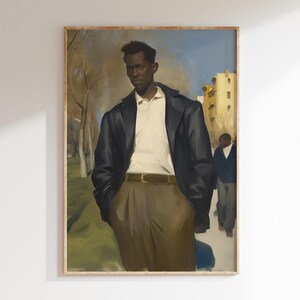 May include: A painting of a man wearing a black jacket and a white shirt. He is standing in front of a building with trees in the background.